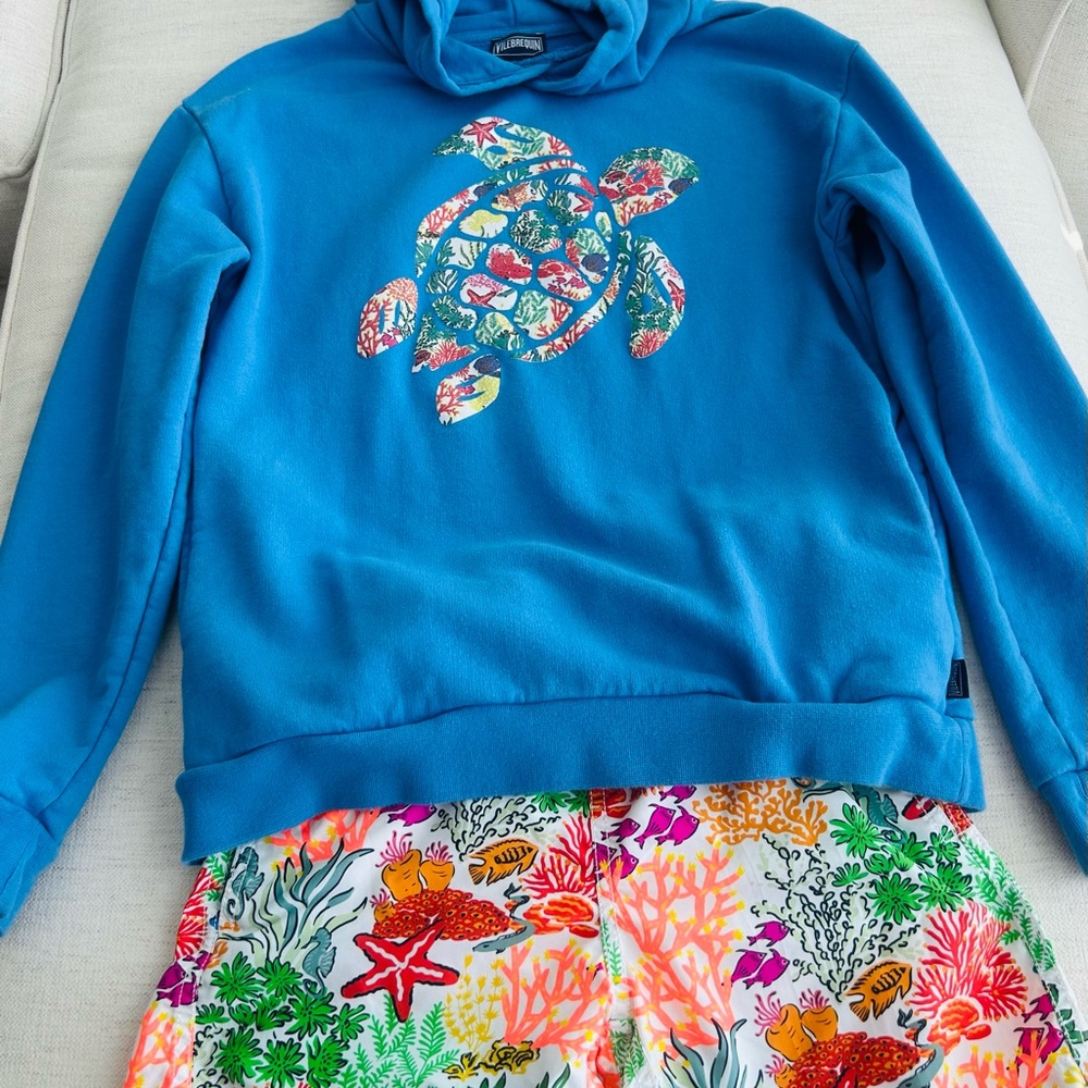 Vilebrequin Kids Bright Blue Hooded Sweatshirt (12Y) with Tropical Print Turtle